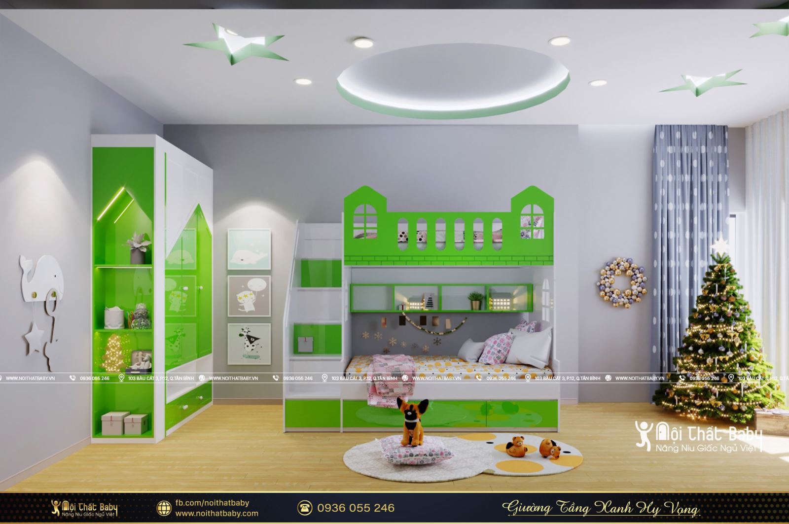 Mẫu giường tầng màu xanh hy vọng cho bé trai